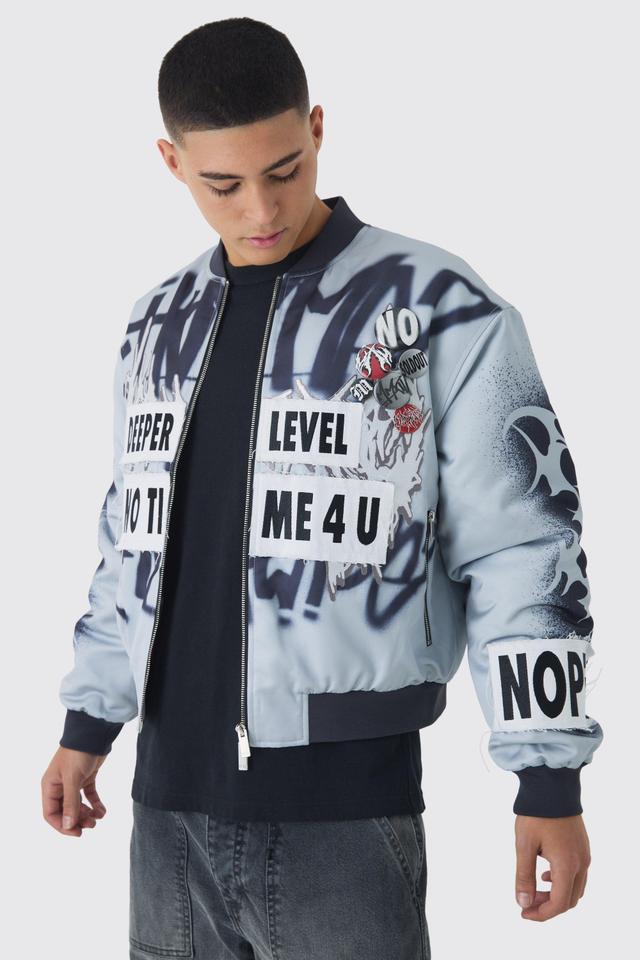 Mens Boxy Graffiti Print Bomber Jacket In Grey, Grey Product Image