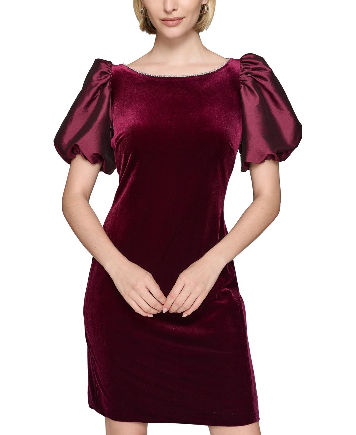 Karl Lagerfeld Paris Womens Velvet Taffeta Puffed-Sleeve Dress Product Image