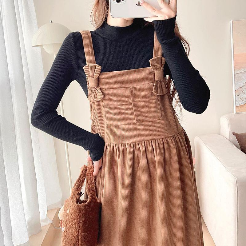 Maternity Long-Sleeve Mock Neck Plain Ribbed Knit Top / Bow Midi A-Line Jumper Dress / Set Product Image