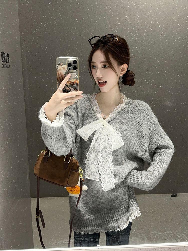 V-Neck Plain Lace Trim Oversized Sweater Product Image