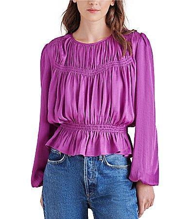 Steve Madden Pyper Washed Satin Crew Neck Long Sleeve Ruffle Hem Blouse Product Image