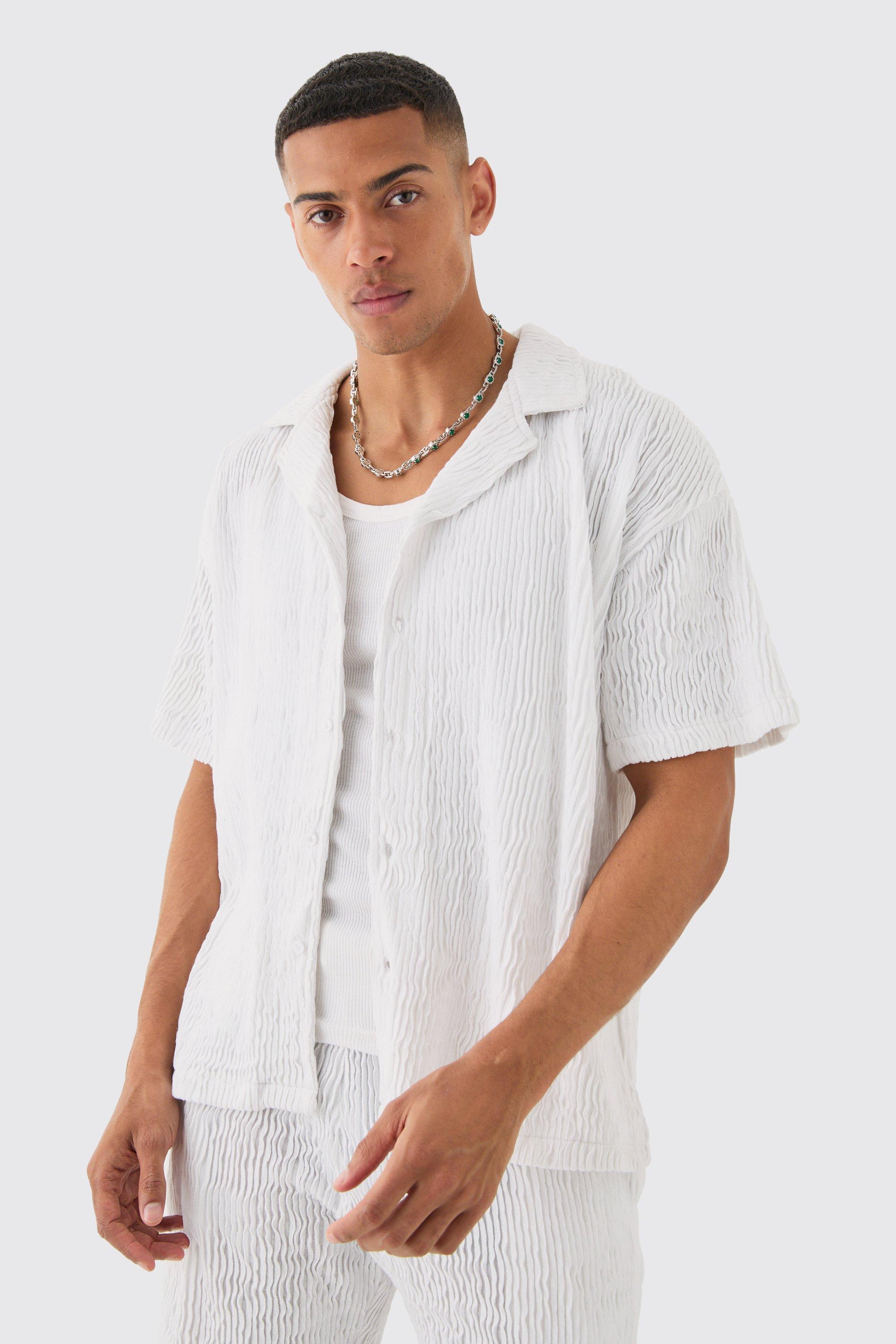 Mens White Boxy Ripple Pleated Shirt, White Product Image