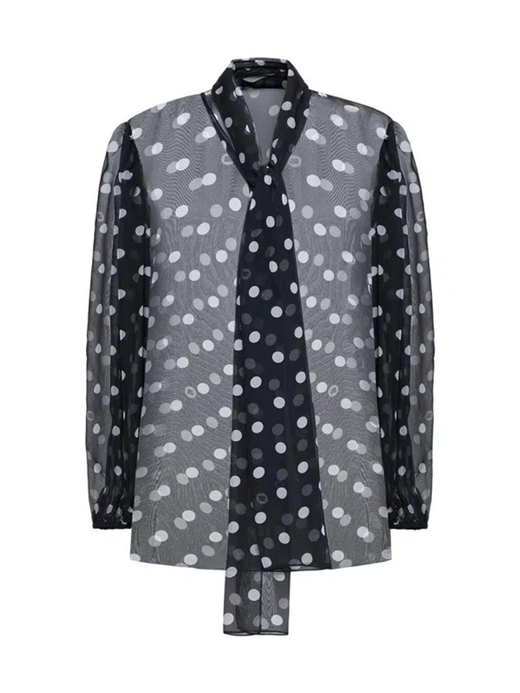 DOLCE & GABBANA Polka Dot Chiffon Scarf-neck Blouse In Black,white Product Image