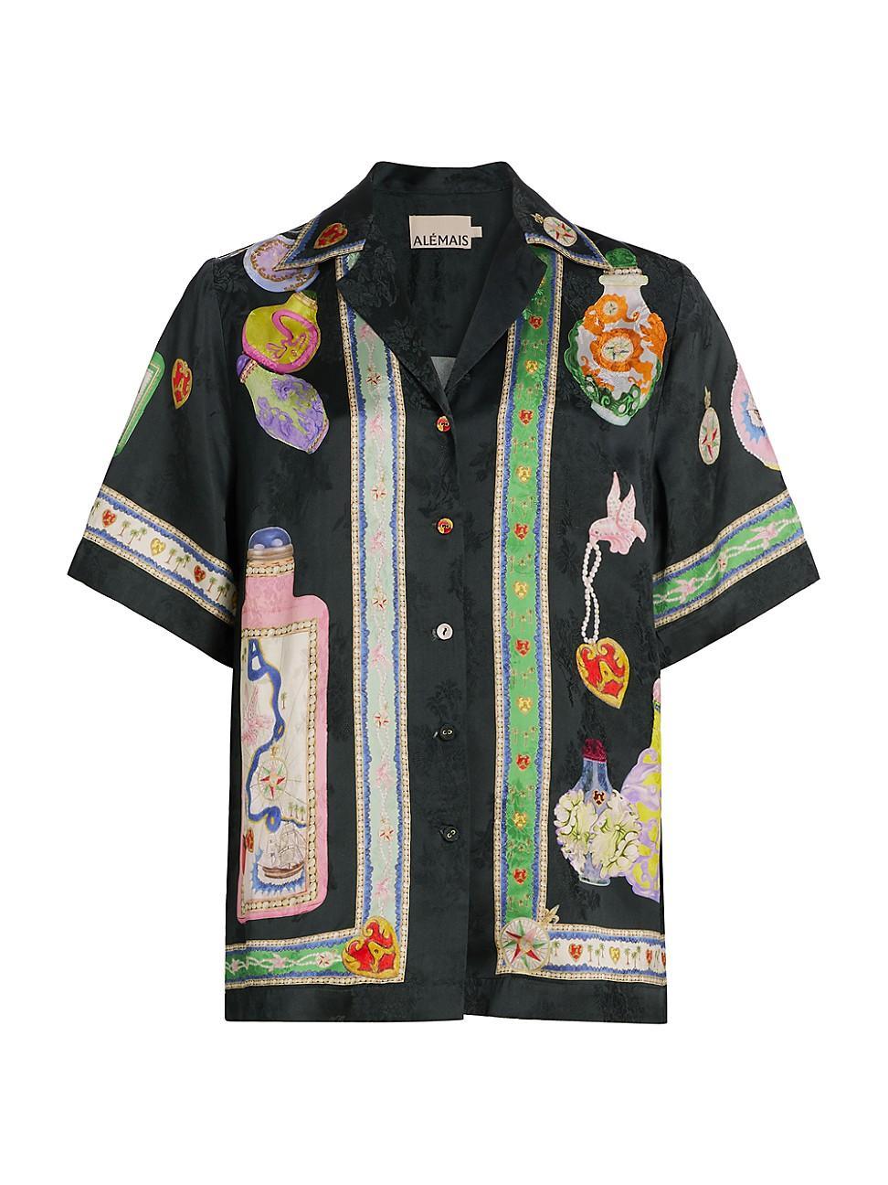 Womens Royal Abstract Satin Short-Sleeve Shirt Product Image