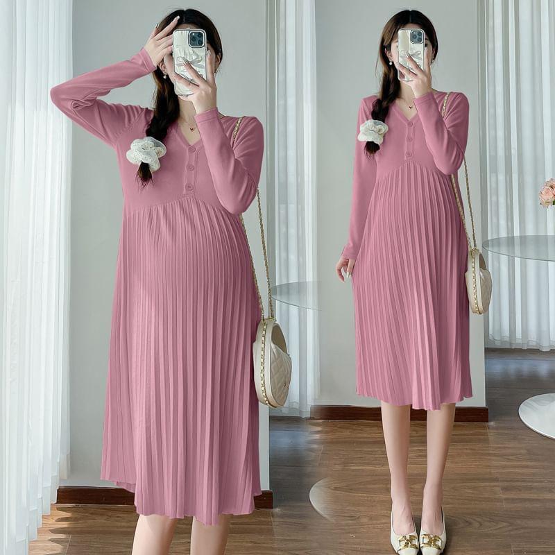 Maternity Long Sleeve V-Neck Plain Pleated Midi Dress Product Image