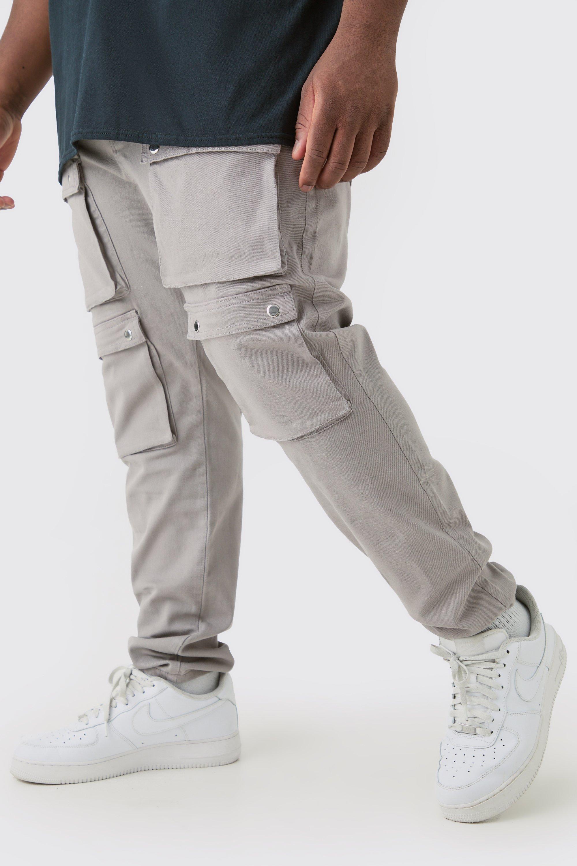 Mens Grey Plus Fixed Waist Skinny Multi Cargo Pocket Trouser, Grey Product Image