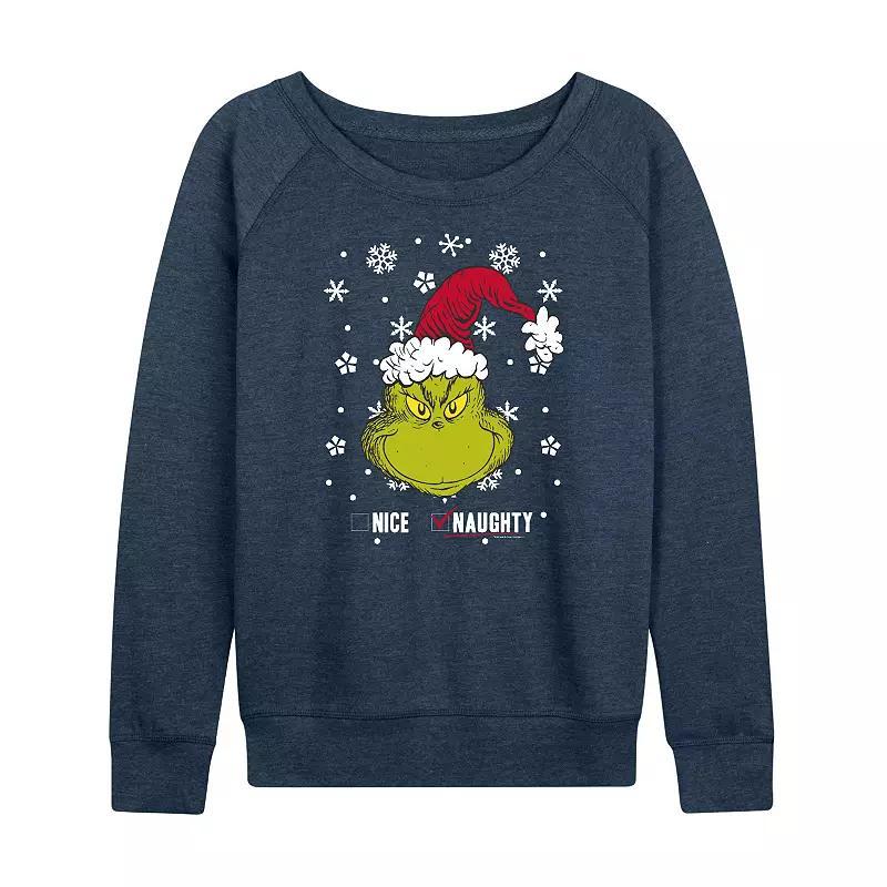 Womens Dr. Seuss The Grinch Naughty Or Nice Lightweight French Terry Sweatshirt, Girls Grey Indigo Product Image