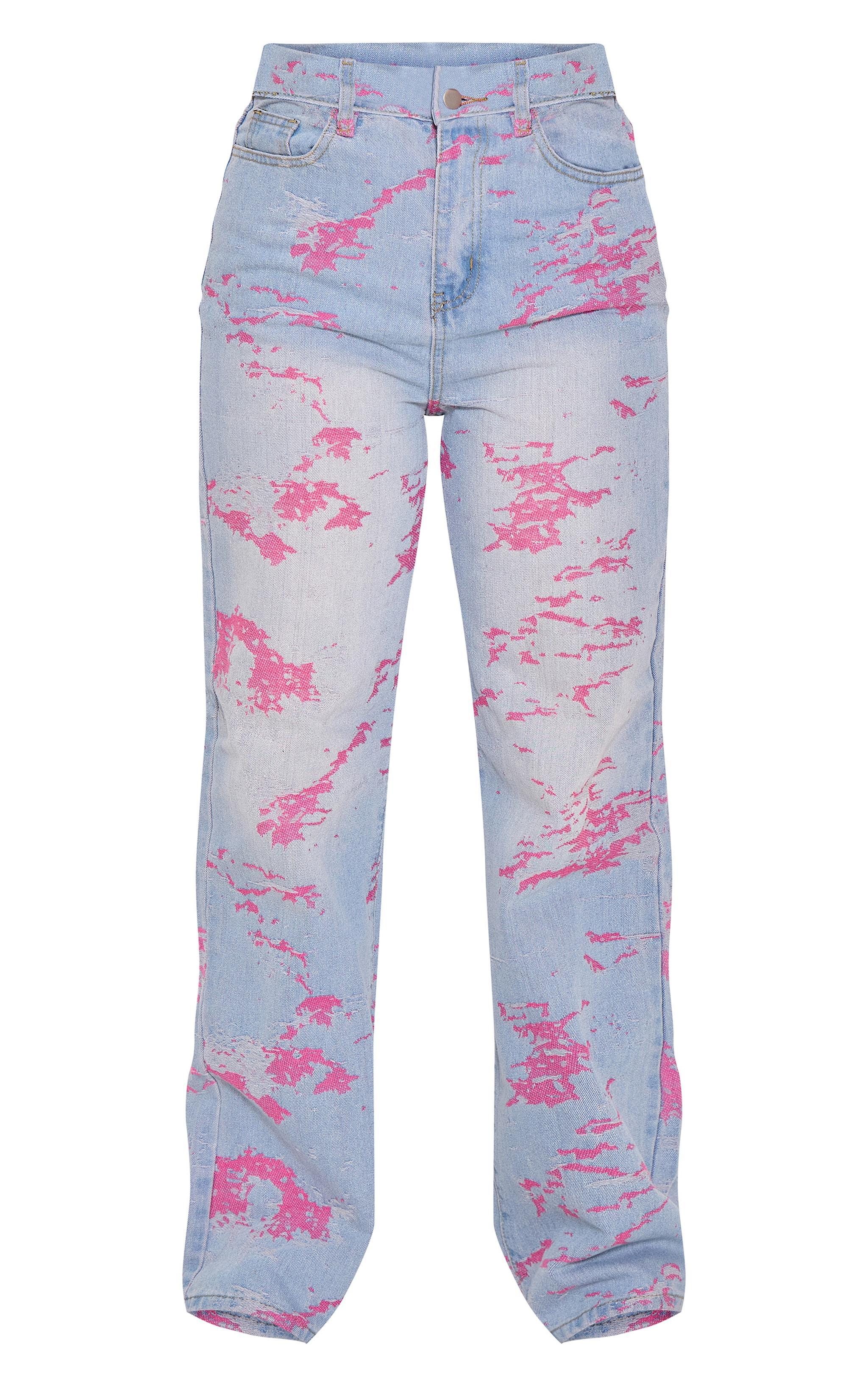 Blue Pink Print Wide Leg Baggy Denim Jeans Product Image