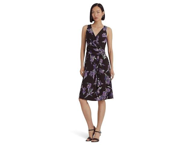 LAUREN Ralph Lauren Floral Surplice Jersey Sleeveless Dress Purple/Multi) Women's Dress Product Image