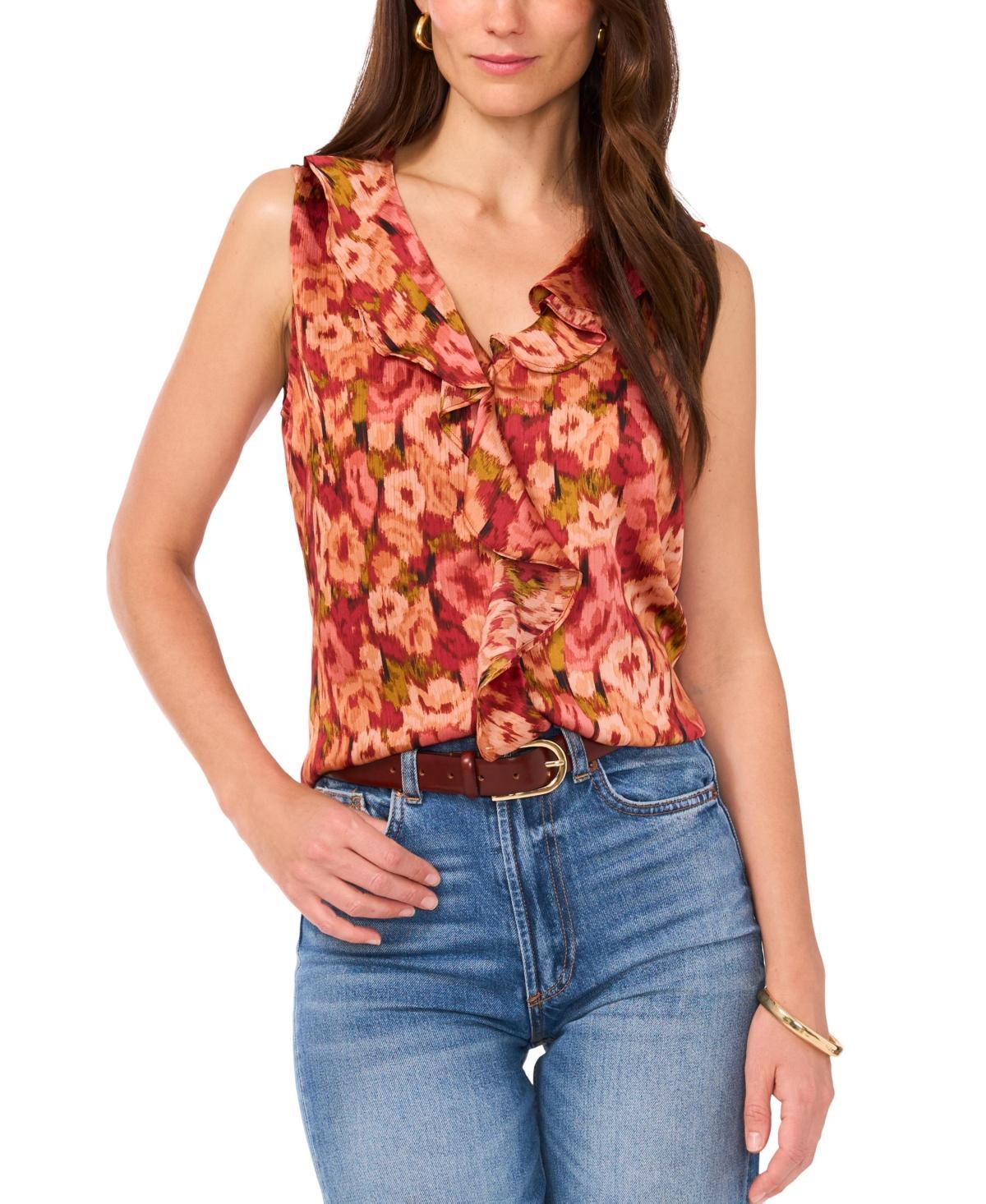 Vince Camuto Womens Floral-Print Ruffled-Neck Top product image