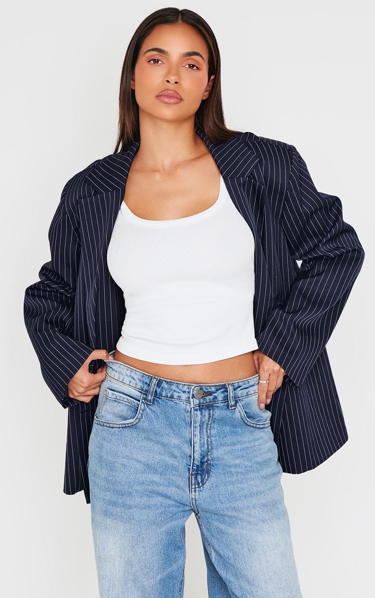 Dark Blue Pinstripe Double Breasted Oversized Blazer Product Image