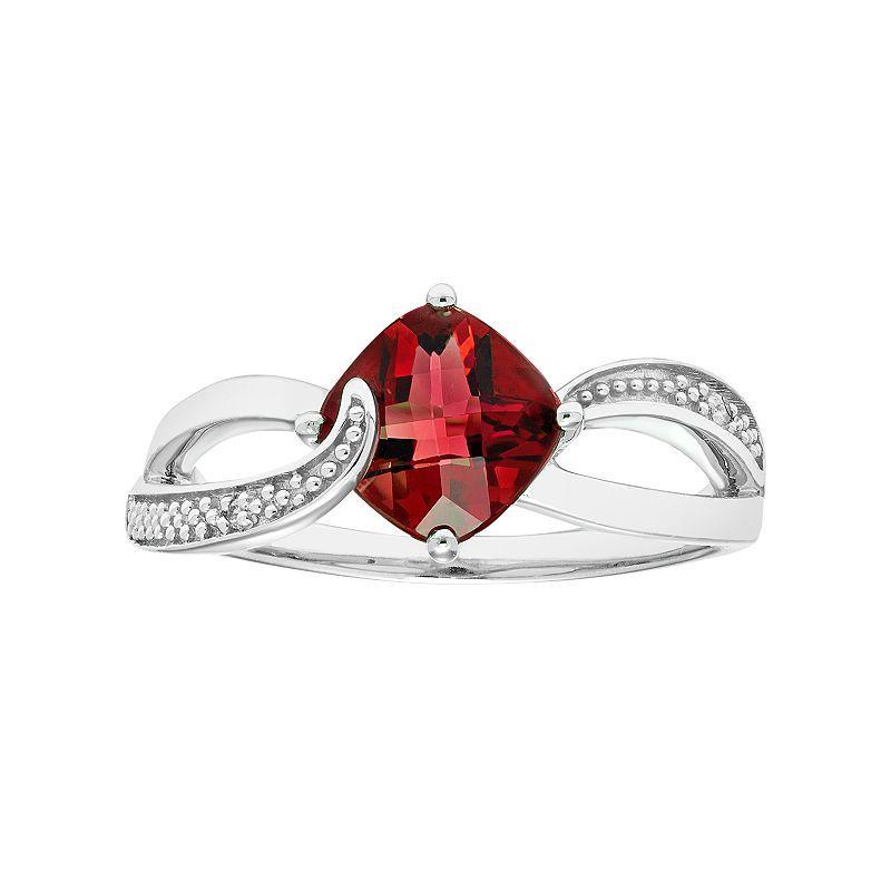 Sterling Silver Garnet & Diamond Accent Cushion Bypass Ring, Womens Red Product Image