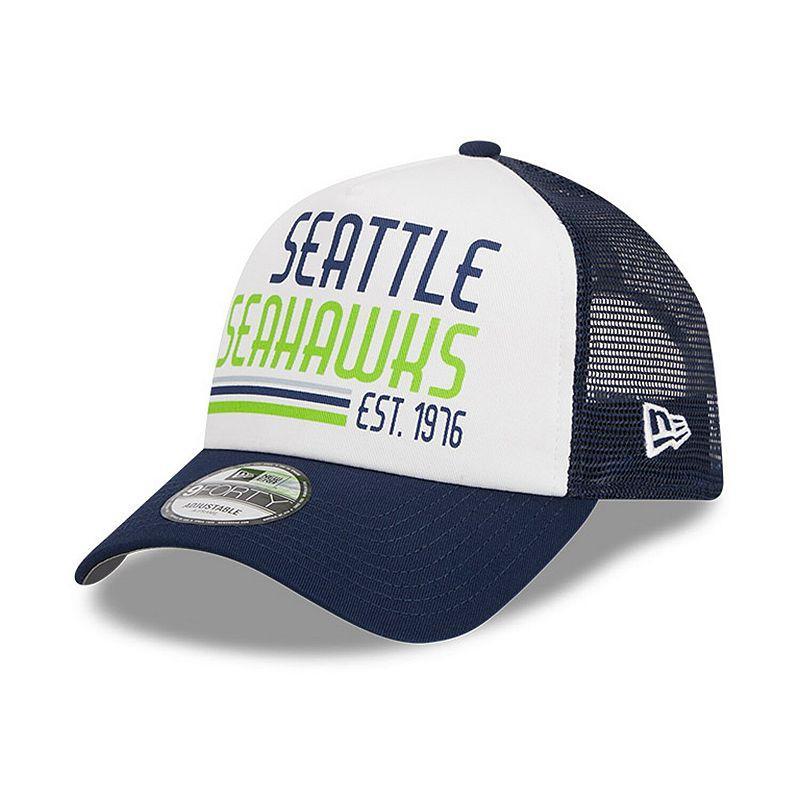 Mens New Era White/College Navy Seattle Seahawks Stacked A-Frame Trucker 9FORTY Adjustable Hat Product Image