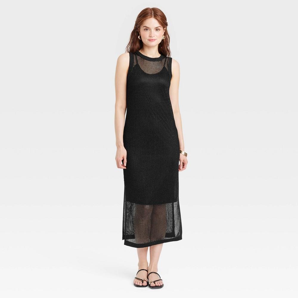 Womens Openwork Midi Tank Dress - A New Day Black M Product Image