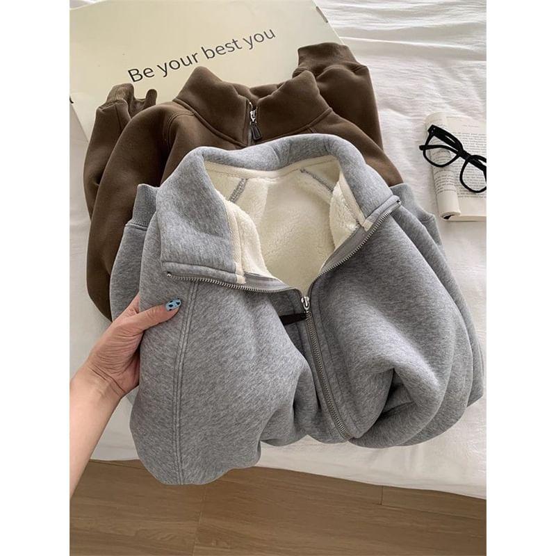 Stand Collar Plain Fleece Lined Zip Jacket Product Image