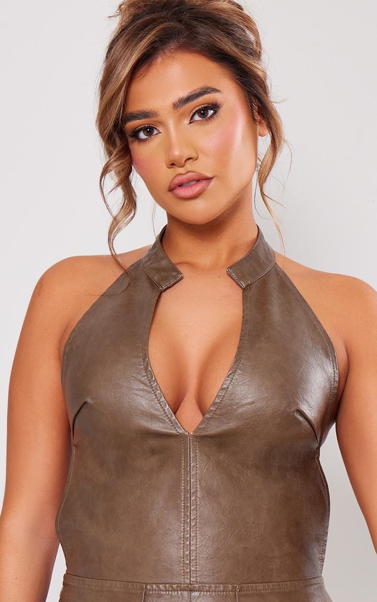 Brown Faux Leather Halterneck Low Back Bodycon Dress Product Image