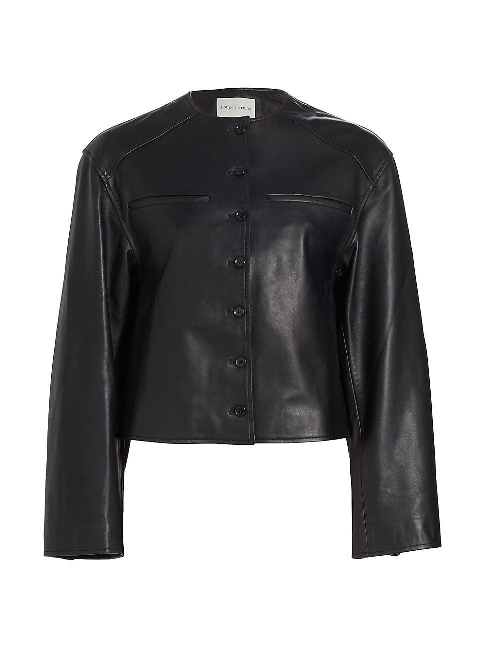 Womens Leather Collarless Jacket Product Image