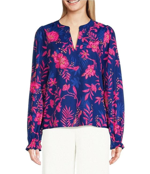 Lilly Pulitzer Coulter Cotton Poplin Floral Print Split V-Neck Long Sleeve Top Product Image