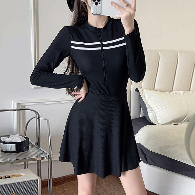 Set: Long-Sleeve Half-Zip Striped Swimsuit + Plain Swim Skirt Product Image