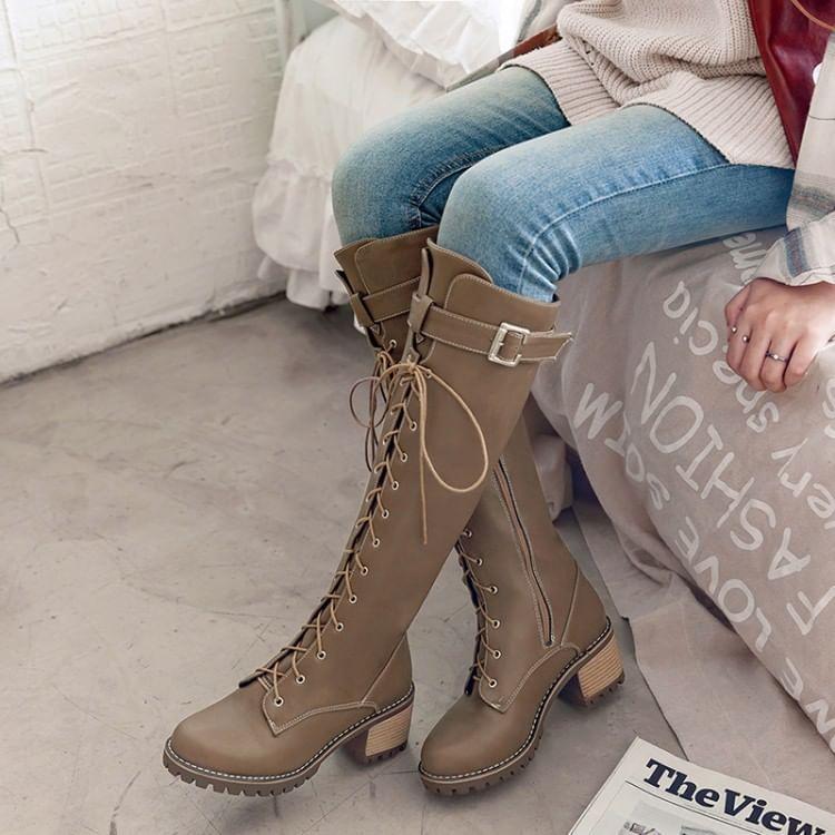 Faux Leather Block Heel Lace-Up Tall Boots product image