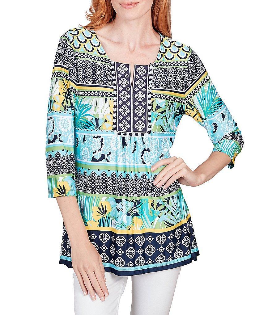 Ruby Rd. Mixed Border Print Knit Split Square Neck 3/4 Sleeve Top Product Image