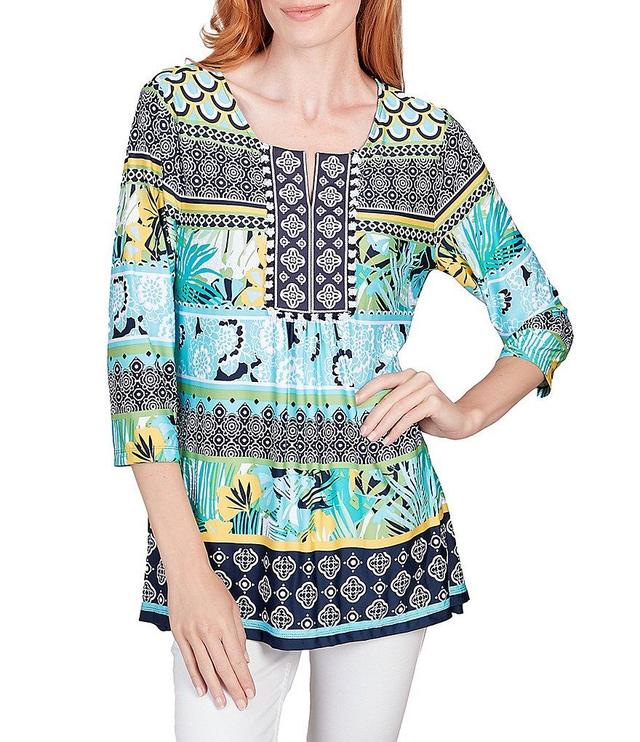 Ruby Rd. Mixed Border Print Knit Split Square Neck 3/4 Sleeve Top Product Image