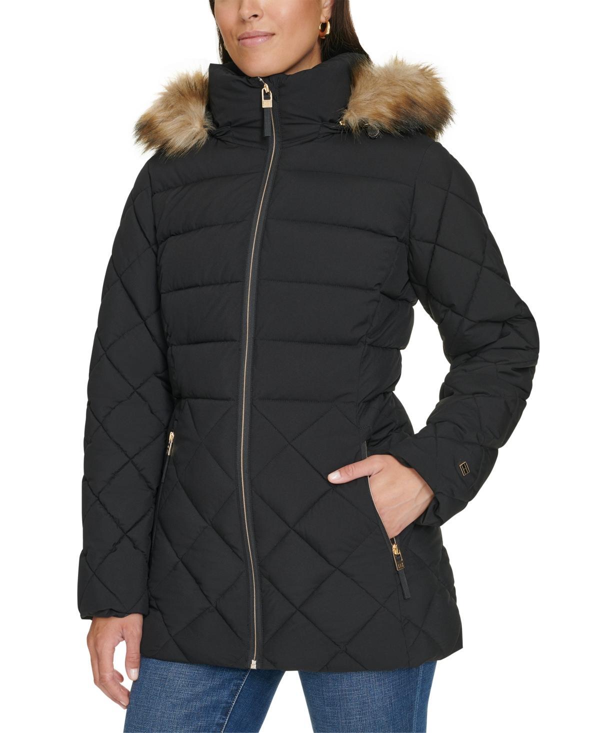 Tommy Hilfiger Womens Bibbed Faux-Fur-Trim Hooded Puffer Coat, Created for Macys Product Image