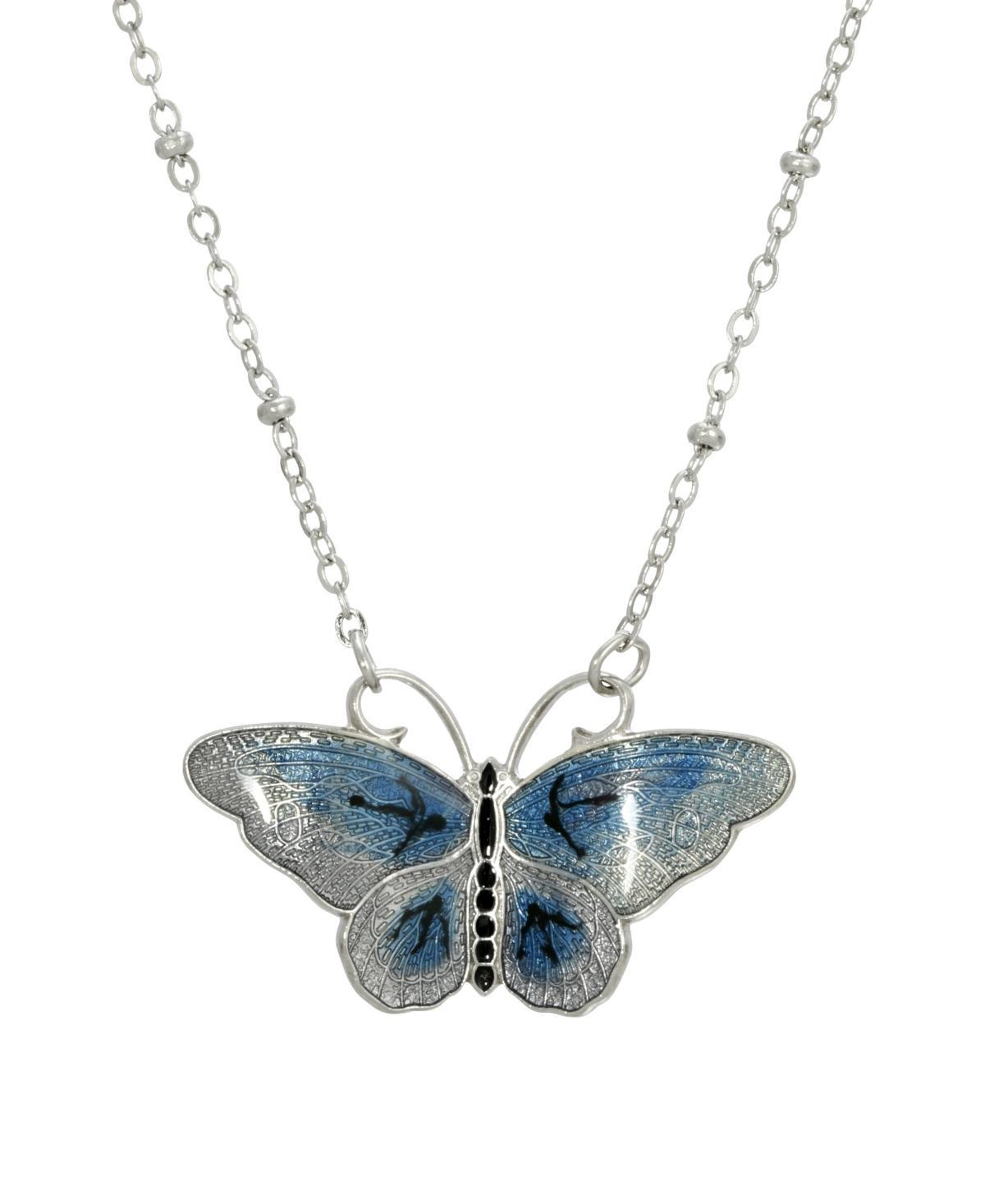 2028 Womens Silver Tone Blue and Black Enamel Butterfly Necklace Product Image