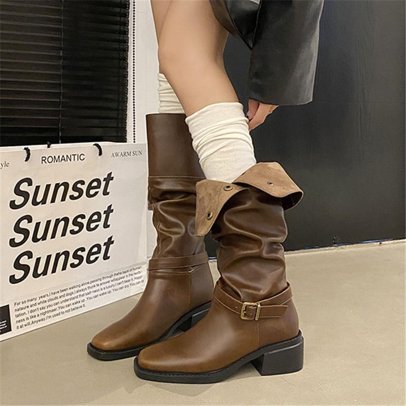 Buckled Faux Leather Chunky Heel Tall Boots product image