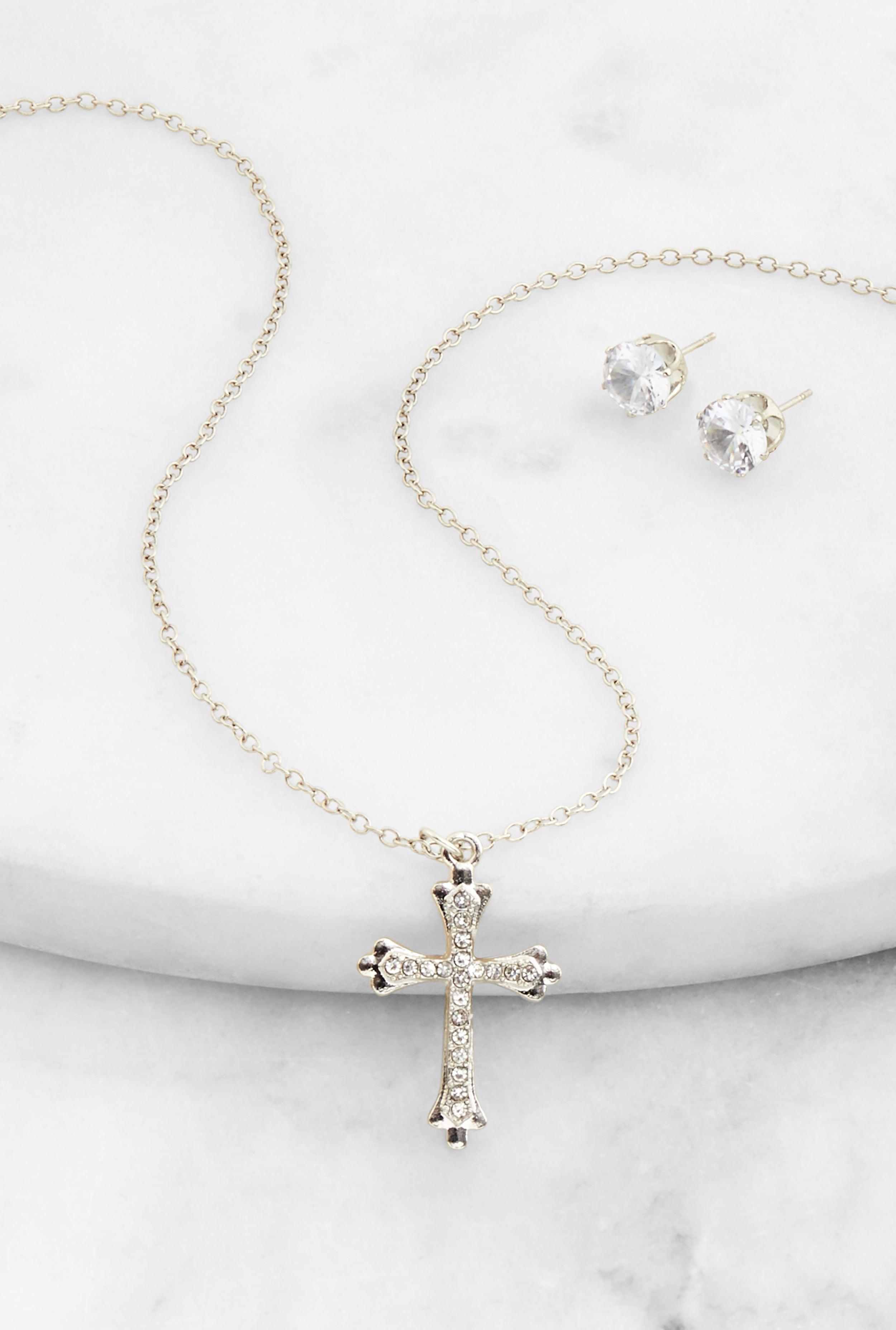 Cross Pendant Chain Necklace and Cubic Zirconia Stud Earrings Female Product Image