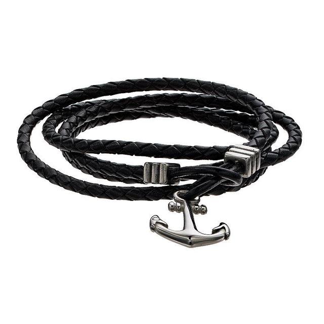 Mens Stainless Steel Anchor & Black Leather Wrap Bracelet Multicolor Product Image