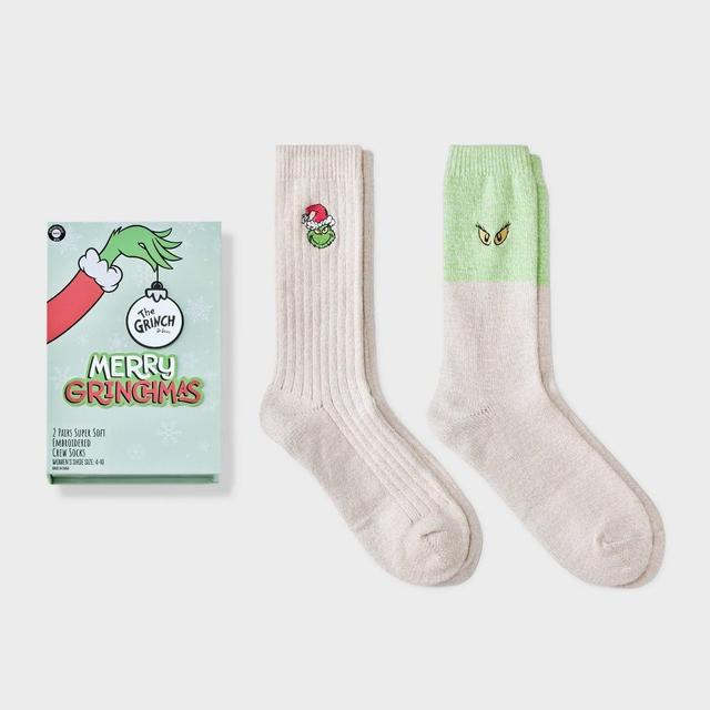 Womens 2pk The Grinch Pop-Up Storybook Supersoft Embroidered Crew Socks - Ivory 4-10 Product Image