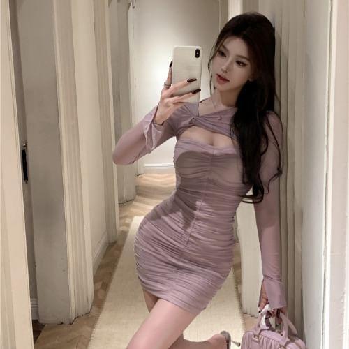 Mock Two-Piece Long-Sleeve Asymmetrical Neck Plain Cutout Ruched Mini Sheath Dress Product Image