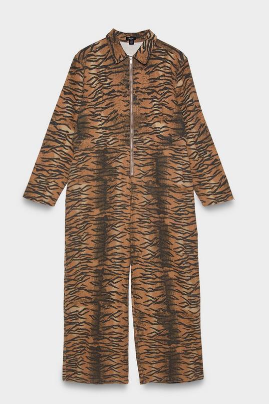 Plus Tiger Print Denim Jumpsuit Product Image