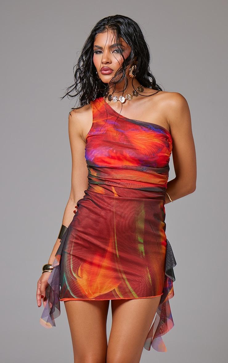 Deep Orange Abstract Print Mesh One Shoulder Bodycon Dress Product Image