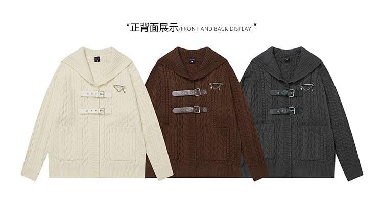 Lapel Collar Plain Buckled Cable Knit Cardigan Product Image