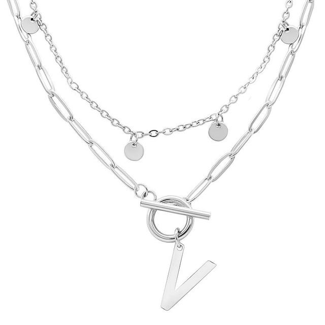 Adornia Silver Tone Confetti & Paperclip Layered Initial Toggle Necklace, Womens Silver Tone V Product Image