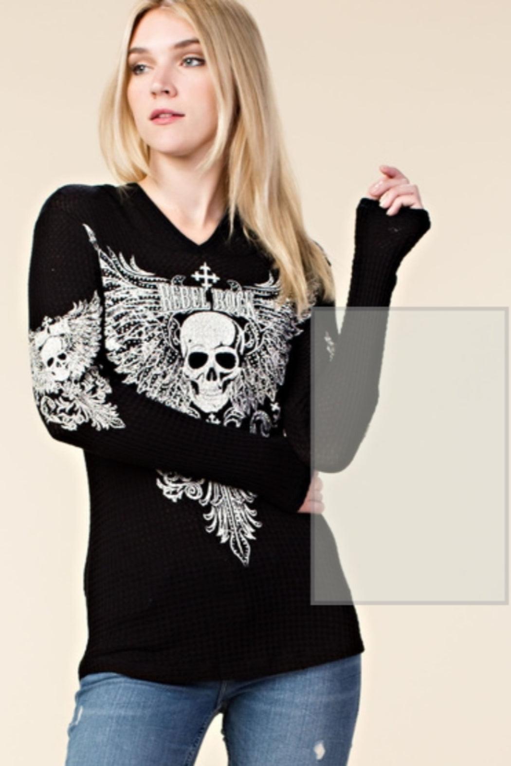 Long Sleeve Hoodie with Skull & Wings Design Female Product Image