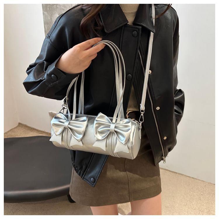 Plain Bow Accent Faux Leather Crossbody Bag Product Image