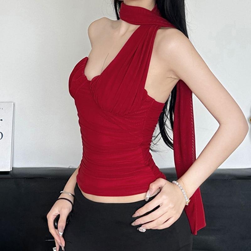 Scarf Collar Plain Ruched Slim-Fit Tube Top Product Image