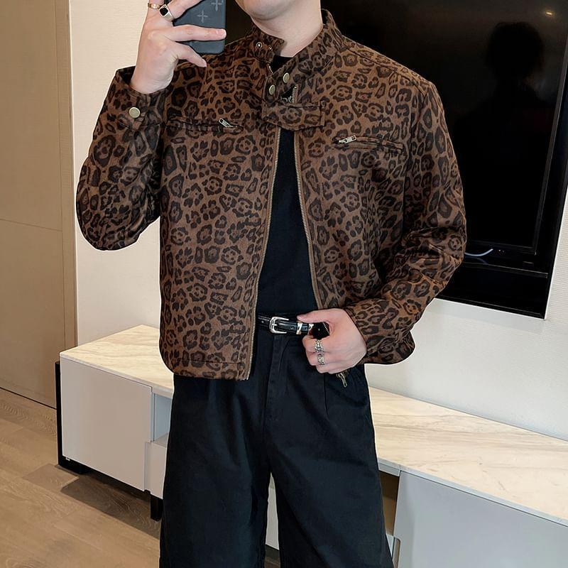 Long Sleeve Stand Collar Leopard Print Jacket Product Image