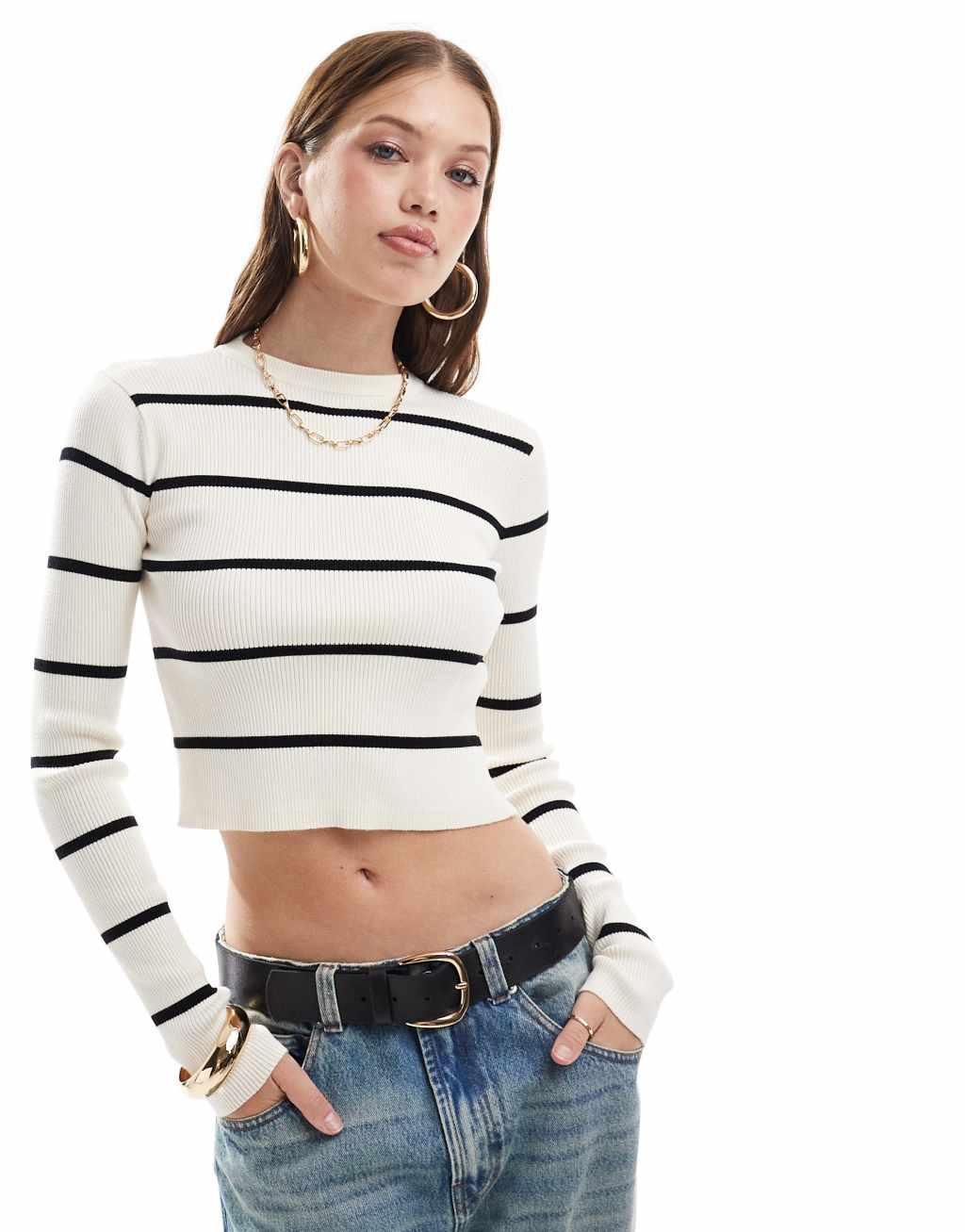 Miss Selfridge rib knit open back long sleeve top in mono stripe Product Image