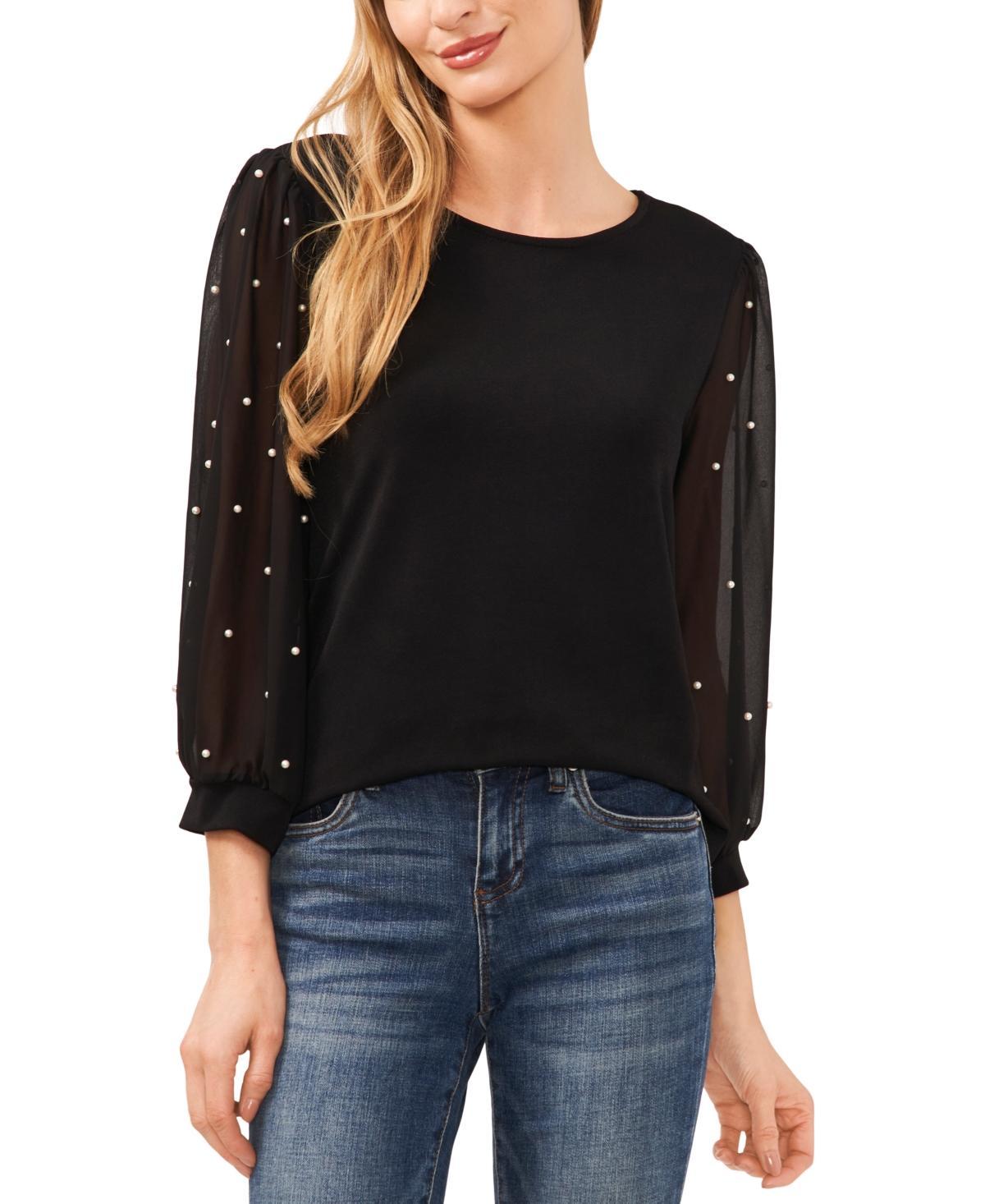 CeCe Womens Mixed Media Imitation-Pearl-Stud Top Product Image