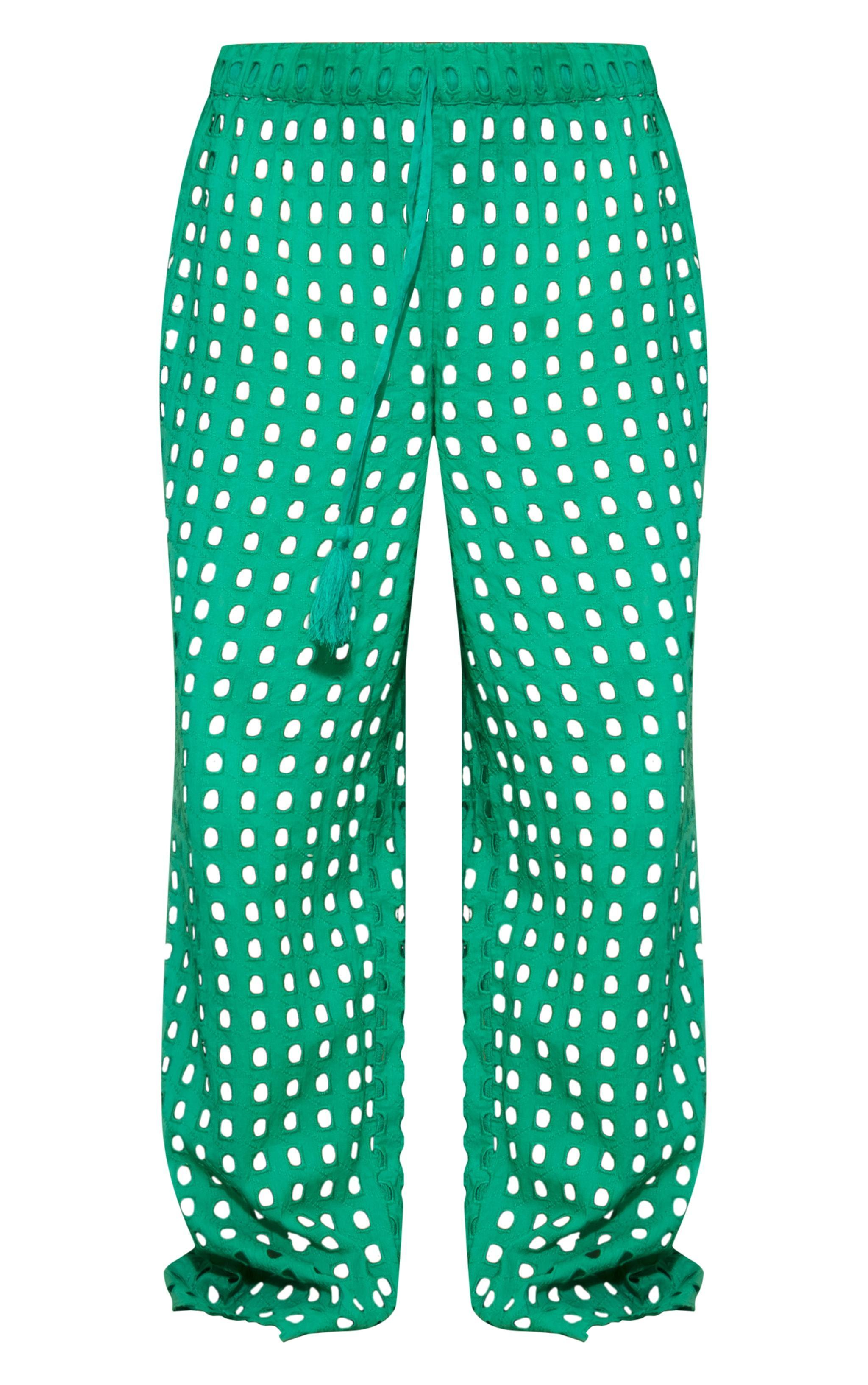 Green Broderie Cut Out Wide Leg Beach Pants Product Image