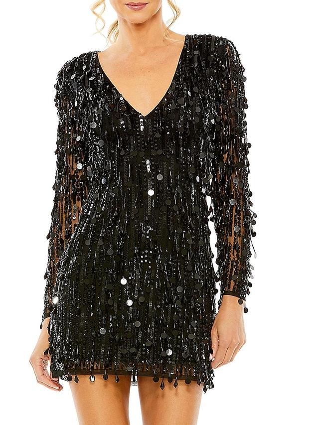 Womens Long-Sleeve Beaded Fringe Minidress Product Image