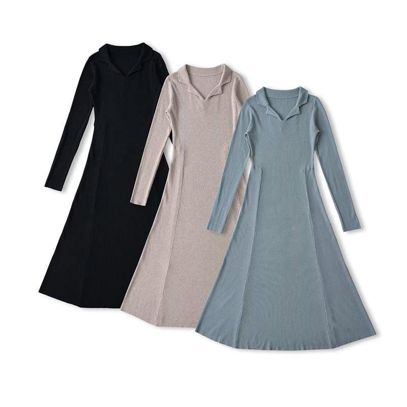 Long-Sleeve Collared Knit Midi A-Line Dress Product Image