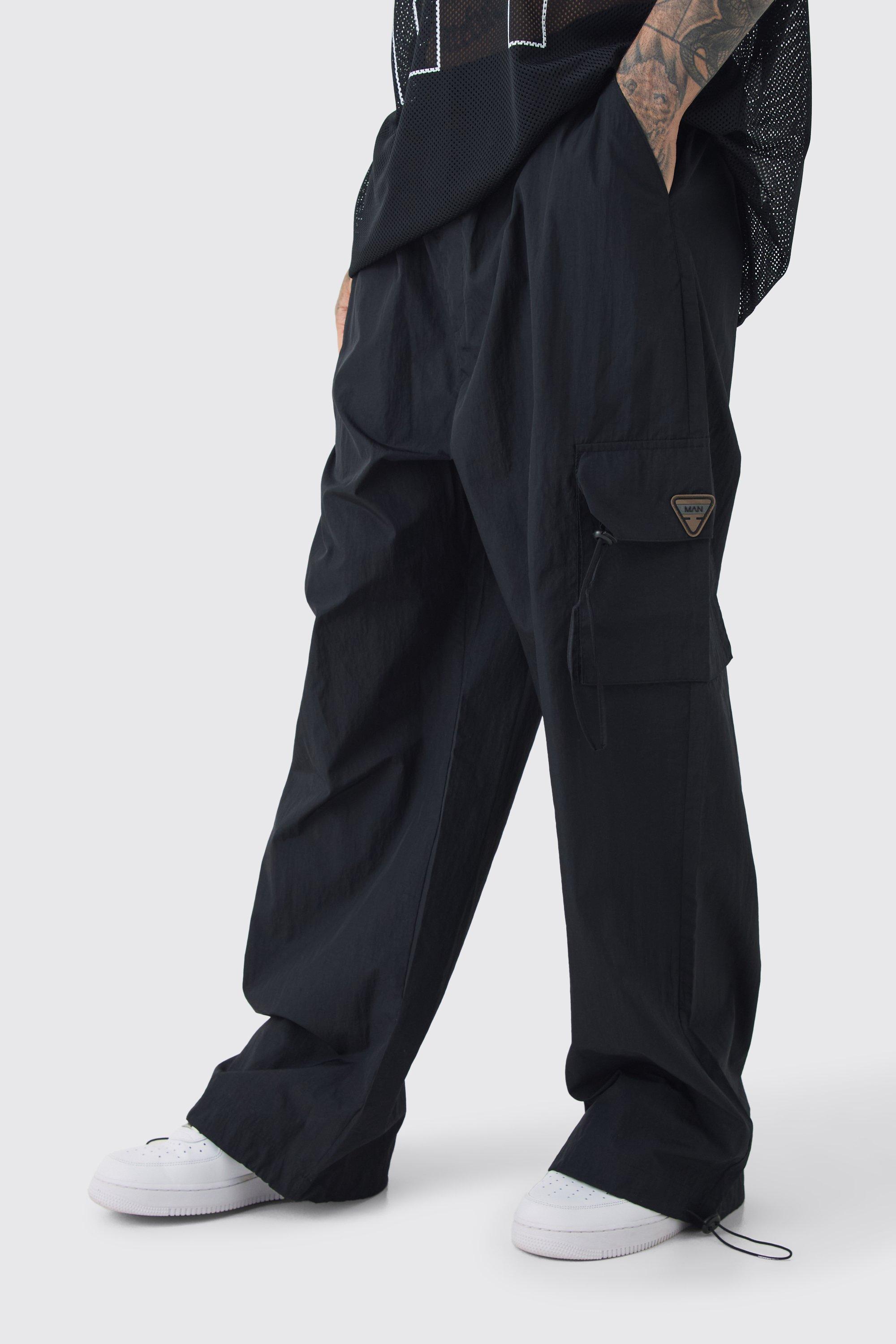 Tall Crinkle Nylon Cargo Parachute Pants In Black | boohooMAN USA Product Image