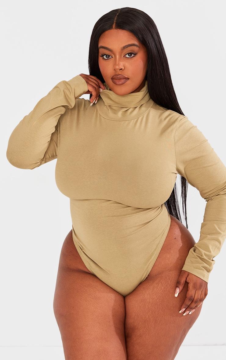 Plus Khaki Cotton High Neck Long Sleeved Bodysuit Product Image