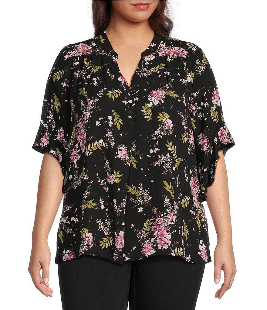 Investments Plus Size Laikyn Signature Tossed Botanic Print Banded Collar V-Neck Short Ruffled Sleeve Top Product Image