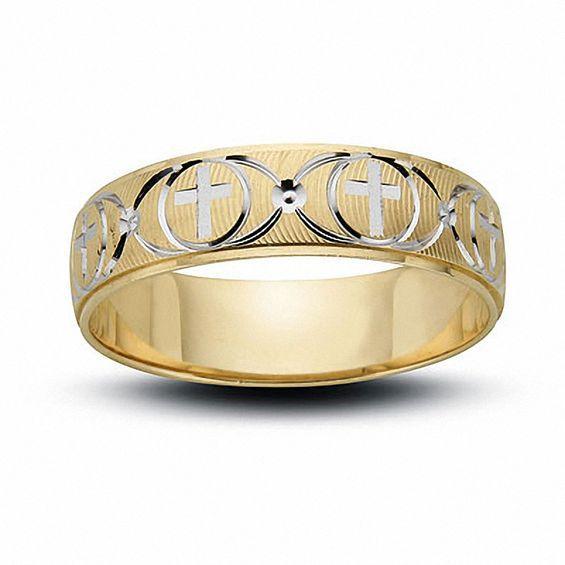 Men's 6.0mm Cross and Wave Wedding Band in 10K Two-Tone Gold Product Image